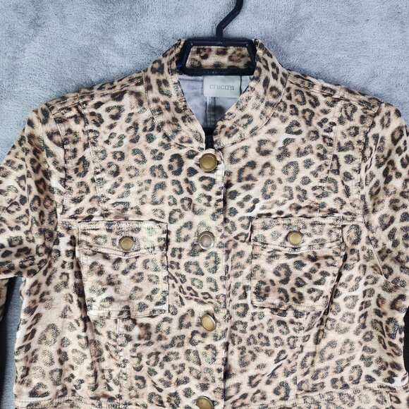 Chico's Brown Leopard Print Jacket Button Up Front Pockets Long Sleeve Size 1 - Picture 4 of 12
